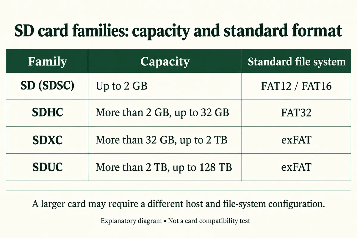 English explanatory redraw: table of SD card families, SDSC up to 2 GB with FAT12 or FAT16, SDHC above 2 GB to 32 GB with FAT32, SDXC above 32 GB to 2 TB with exFAT, SDUC above 2 TB to 128 TB with exFAT