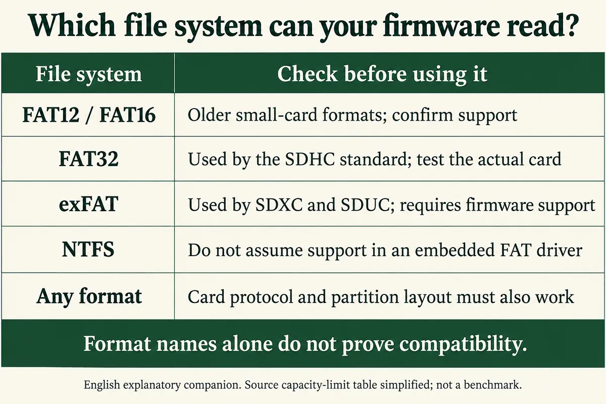 English explanatory redraw: table of file systems and what to check, FAT12 and FAT16 confirm support, FAT32 test the actual card, exFAT requires firmware support, NTFS do not assume support, any format needs a working card protocol and partition layout