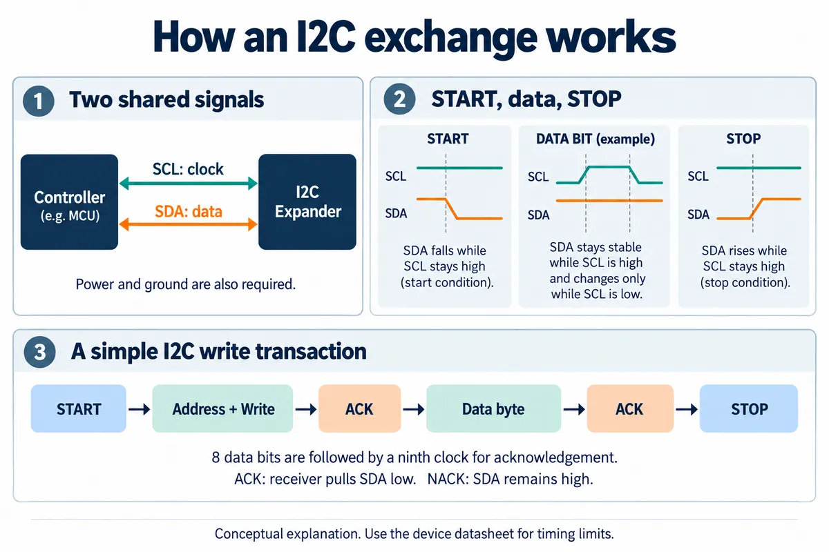 Diagram of an I2C exchange: controller and expander sharing SCL and SDA, start and stop conditions, and a write transaction with acknowledgements