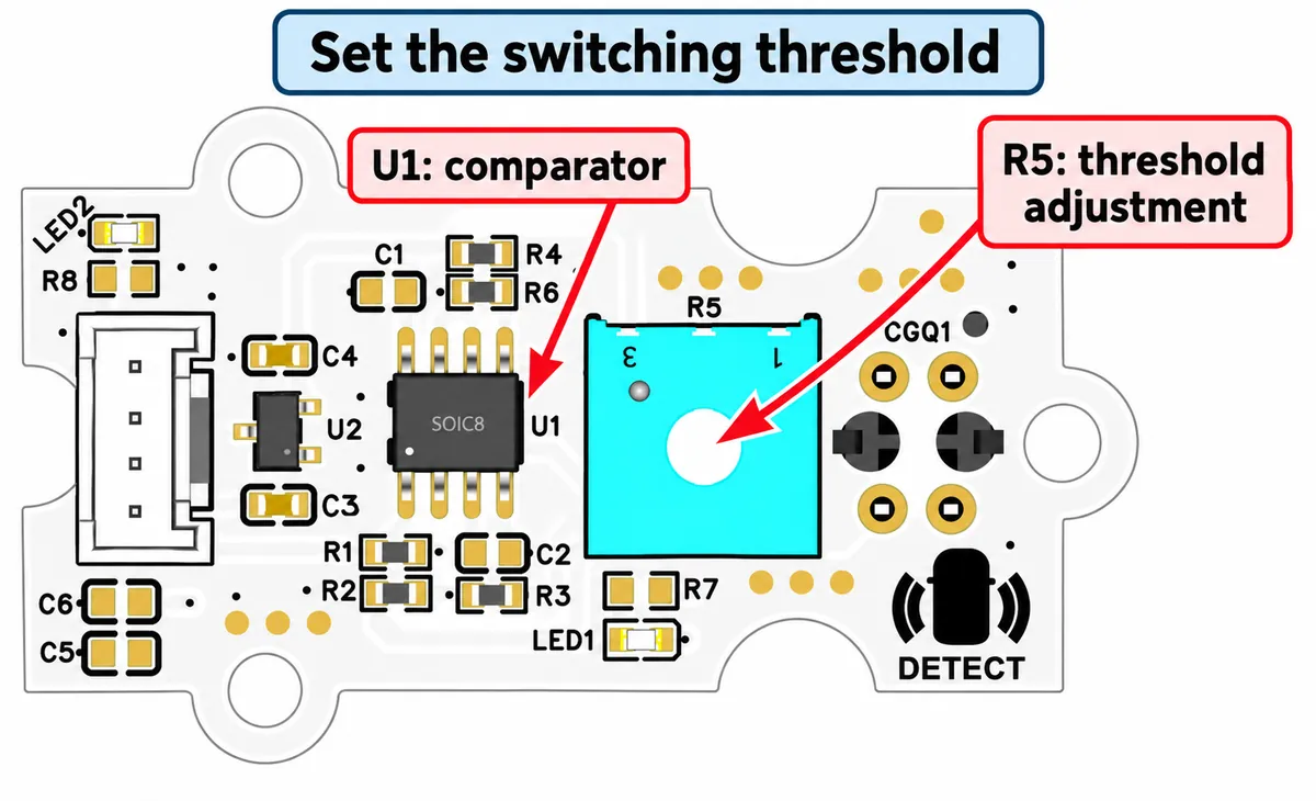 Diagram of the reflective sensor board labeling U1 as the comparator and the blue R5 potentiometer as the threshold adjustment