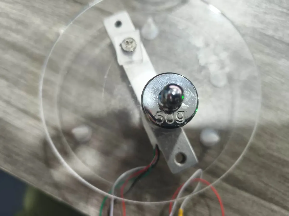 A marked 50 g weight sitting on the load cell under the acrylic platform