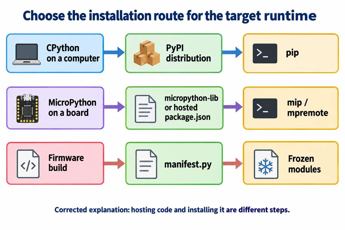 Diagram of three installation routes: CPython via PyPI and pip, MicroPython via package.json and mip or mpremote, firmware build via manifest.py and frozen modules