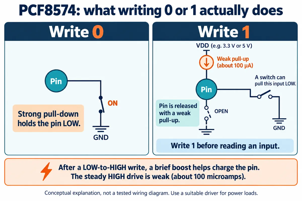 Diagram: writing 0 to a PCF8574 pin pulls it strongly to ground; writing 1 releases it with a weak pull-up of about 100 microamps so a switch can pull it low