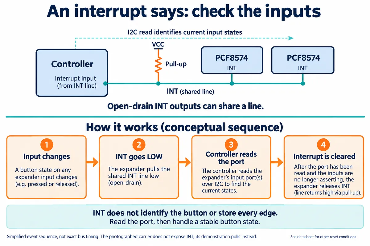 Diagram: two PCF8574 INT outputs share one pulled-up line to the controller; an input change pulls INT low, the controller reads the port, and the interrupt clears
