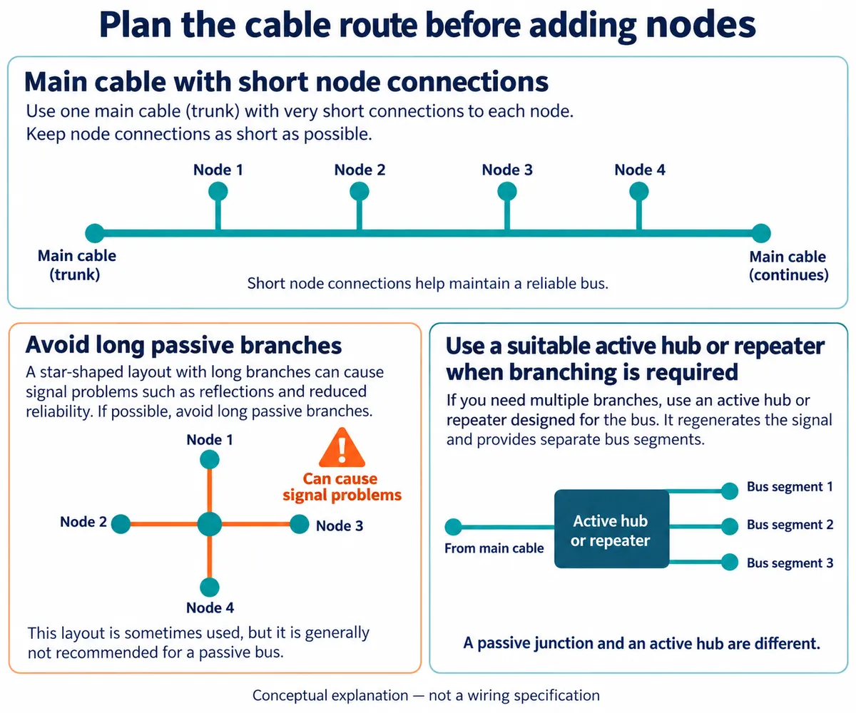 Diagram comparing a main cable with short node connections, a star layout with long passive branches marked as a problem, and an active hub creating separate bus segments
