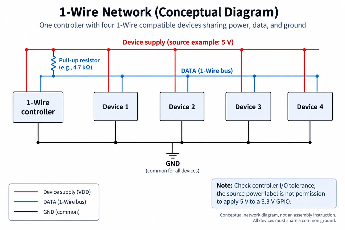 Conceptual 1-Wire network: one controller and four devices sharing a supply rail, a DATA line with one pull-up resistor, and a common ground