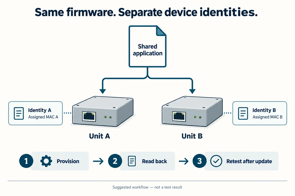 A shared application loaded into two units with distinct identity records