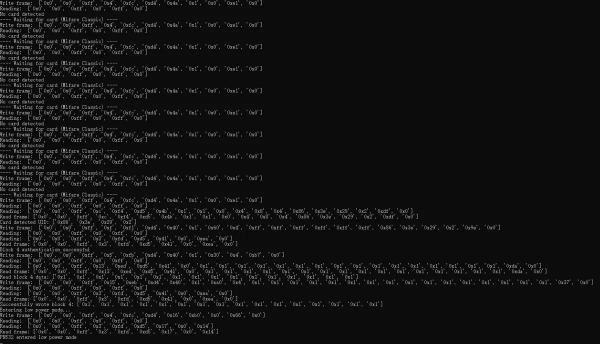 Terminal log: repeated waiting-for-card polls with no card detected, then a four-byte UID, block 4 authentication, read and write, and entry into low-power mode