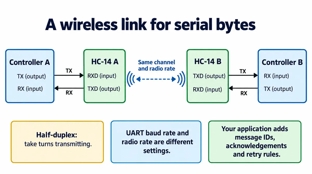 Diagram: controller A to HC-14 A over UART, radio link on the same channel and radio rate, HC-14 B to controller B, with notes on half-duplex, separate UART and radio rates, and application-level IDs and acknowledgments