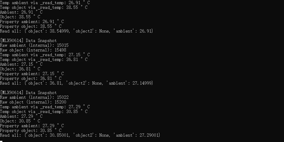 Terminal output from three MLX90614 snapshots: object temperatures of 38.55, 36.81 and 30.85 degrees C, sensor temperatures near 27 degrees C, and object2 reported as None