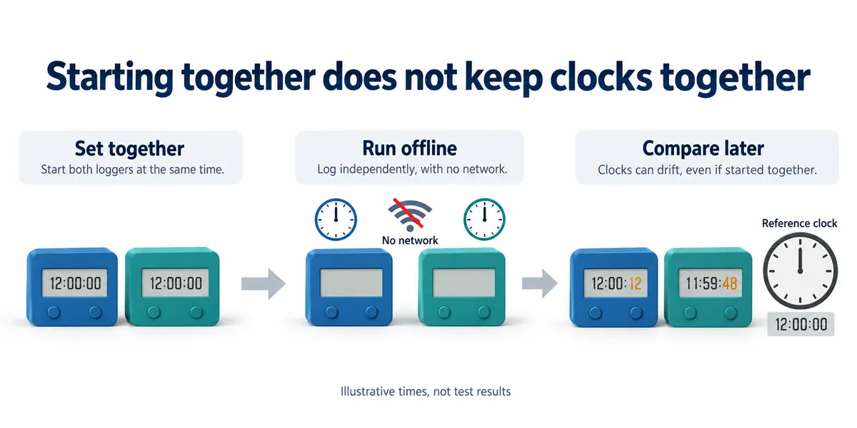 English explanatory illustration: two loggers set to 12:00:00 together, run offline, and later show 12:00:12 and 11:59:48 against a reference clock