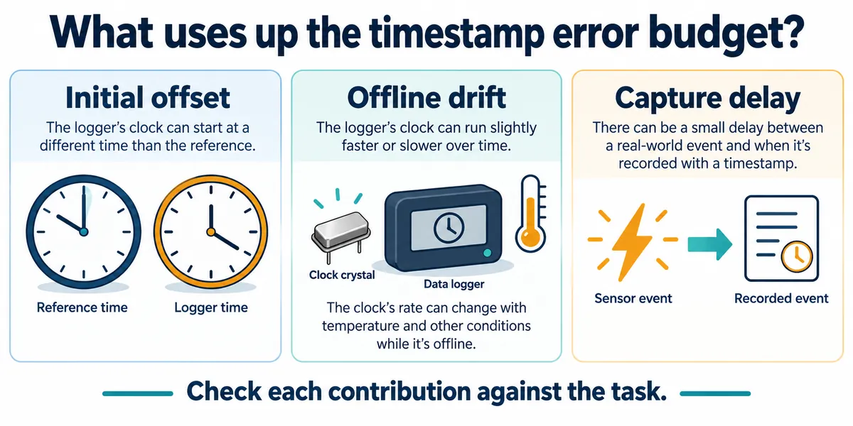 English explanatory illustration: three contributions to timestamp error, namely initial offset from the reference, offline drift affected by temperature, and delay between a sensor event and its recorded timestamp