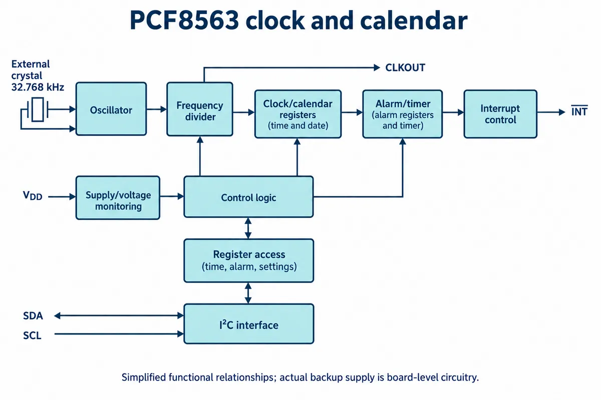 Block diagram of the PCF8563: external 32.768 kHz crystal, oscillator, divider, clock and calendar registers, alarm and interrupt logic, and I2C interface