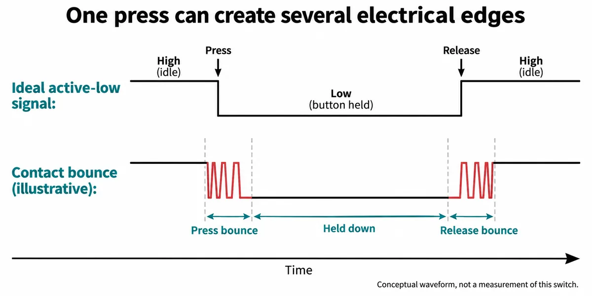 Waveform diagram: an ideal active-low press compared with contact bounce at both press and release