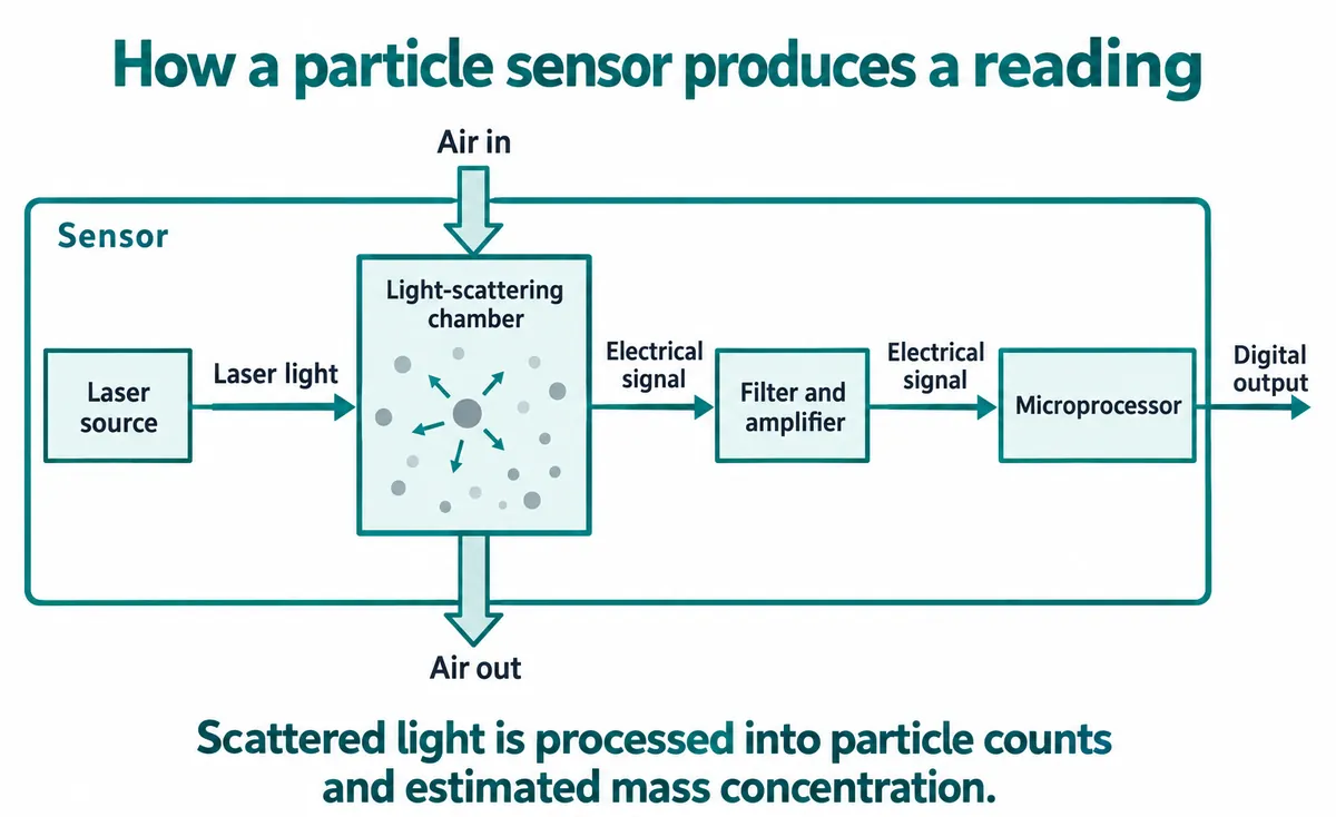 Block diagram: laser source into a light-scattering chamber with air in and air out, then filter and amplifier, microprocessor and digital output