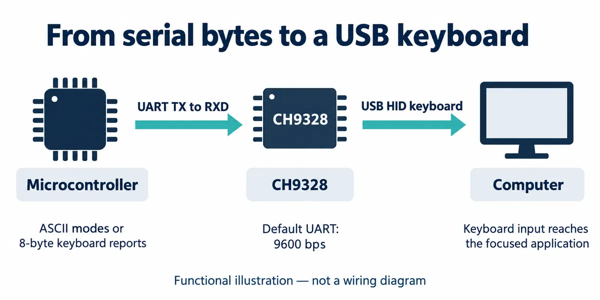 Diagram: microcontroller sends ASCII or 8-byte keyboard reports over UART to the CH9328, which appears to the computer as a USB HID keyboard
