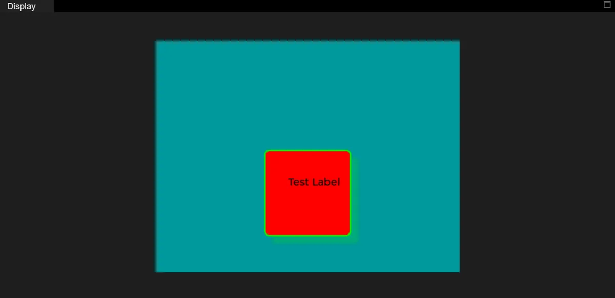 LVGL simulator showing a red square with a green border on a teal background, with Test Label sitting toward the upper right instead of the center