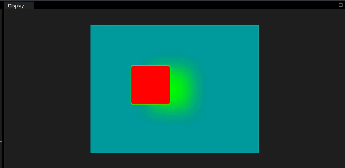 LVGL simulator showing a red square with a large, offset green glow spreading well beyond its edges