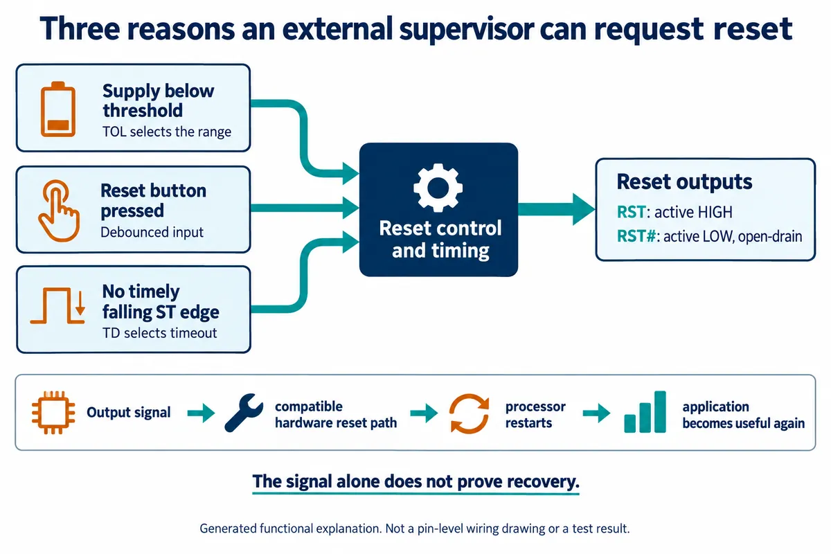 Diagram: supply below threshold, reset button pressed, or no timely falling edge on ST each feed reset control, which drives an active-high RST and an active-low open-drain RST#; below, a chain from output signal through hardware reset path and processor restart to a working application