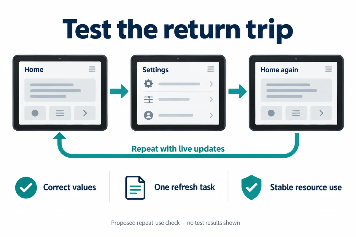 English explanatory illustration: a repeated loop from Home to Settings and back to Home with live updates, checking correct values, one refresh task and stable resource use