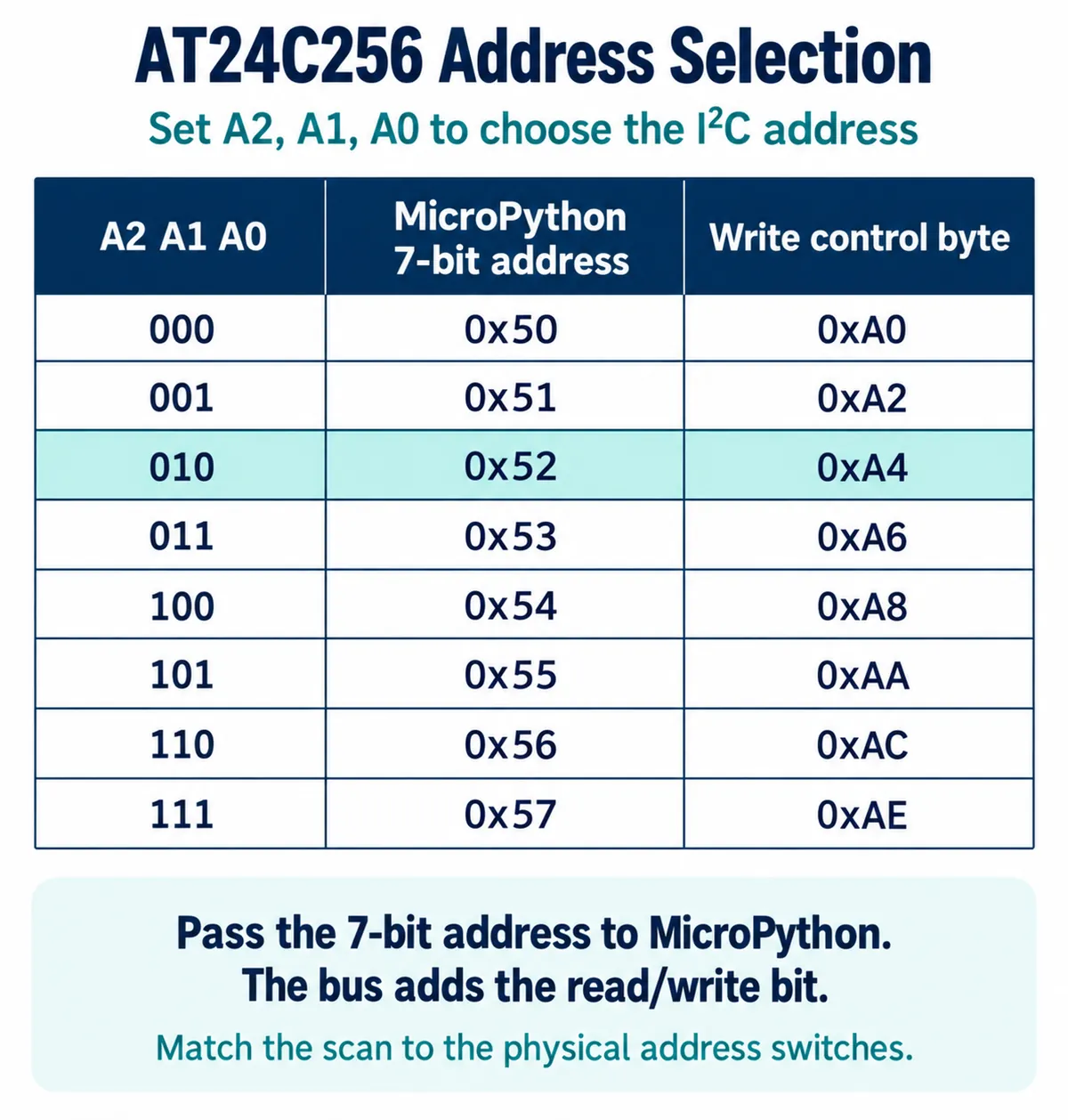 Table mapping A2 A1 A0 switch settings to MicroPython 7-bit addresses 0x50 to 0x57 and write control bytes 0xA0 to 0xAE
