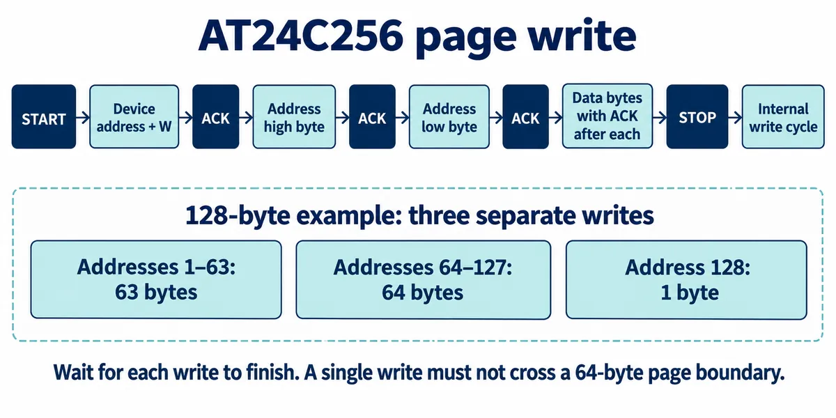 Page write sequence: start, device address, two address bytes, data bytes, stop and internal write cycle; a 128-byte write from address 1 splits into 63, 64 and 1 bytes