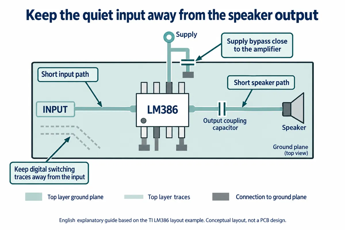 Layout guide: LM386 with a short input path, supply bypass capacitor close to the chip, short speaker path through the output coupling capacitor, ground plane, and digital switching traces kept away from the input