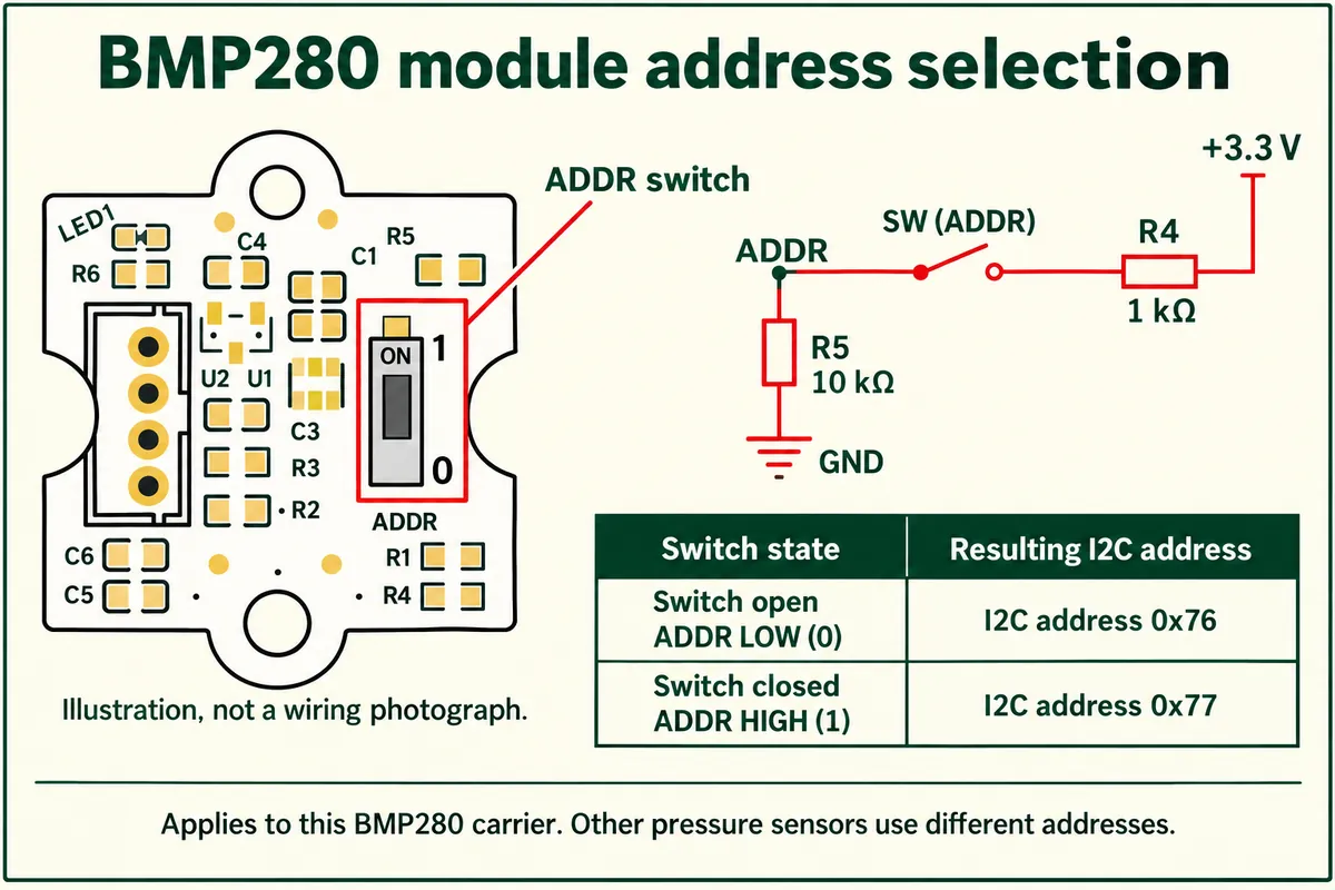 Illustration of the BMP280 carrier address switch: open selects 0x76, closed selects 0x77