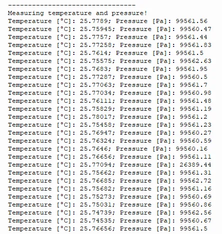 Console output listing temperature near 25.8 degrees C and pressure near 99,561 Pa from the BMP581