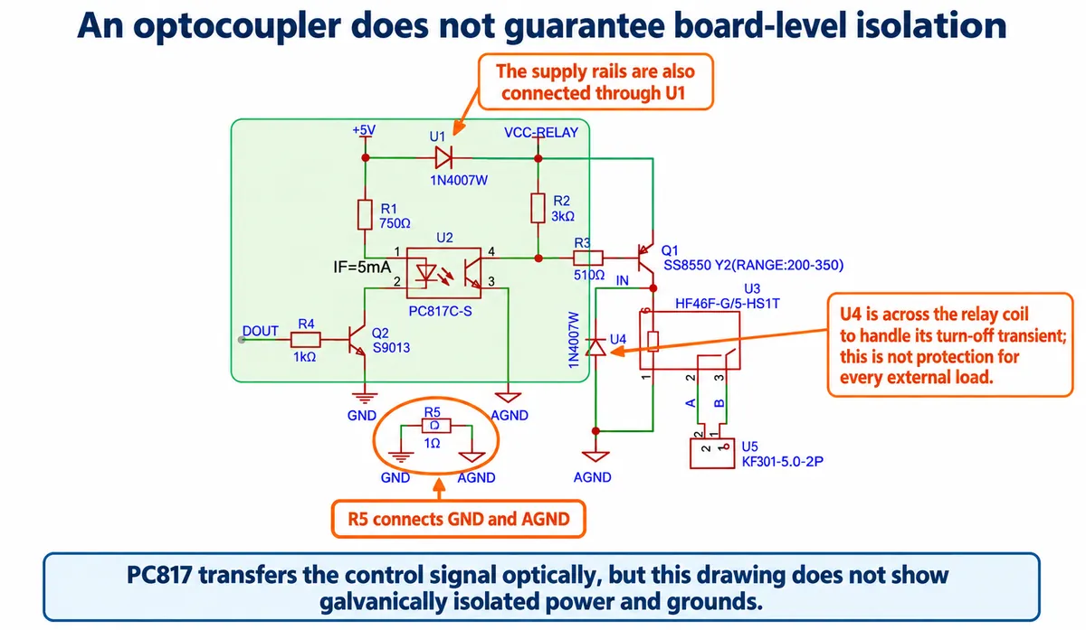 Schematic of the HF46F relay driver showing the PC817 optocoupler, with R5 linking GND and AGND and U1 linking the supply rails