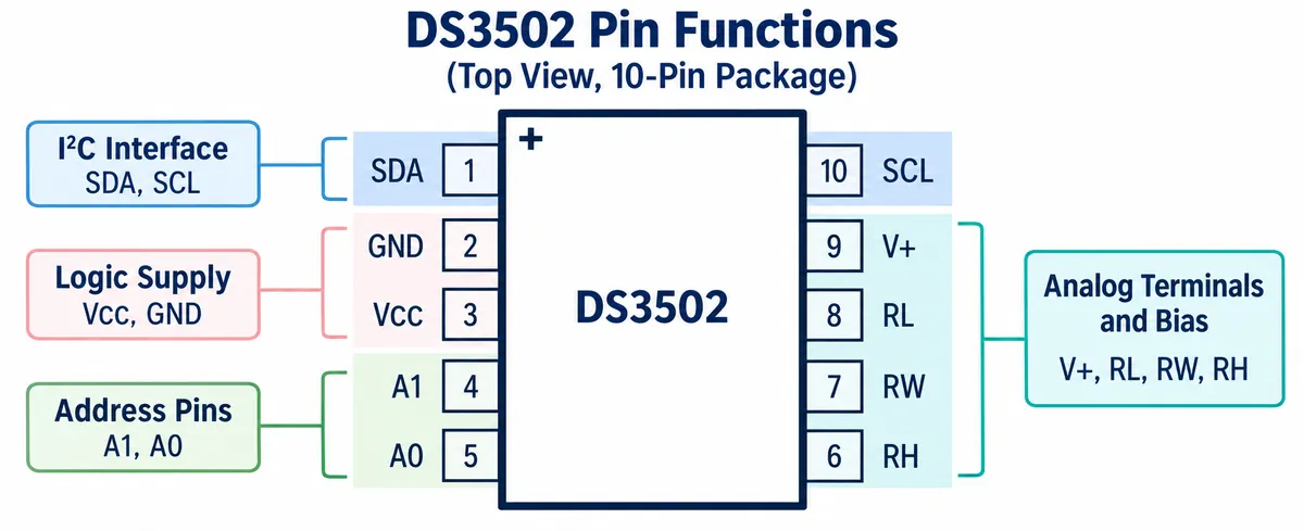 Pinout diagram of the DS3502 grouping SDA and SCL, the logic supply, address pins A1 and A0, and the analog terminals V+, RL, RW and RH