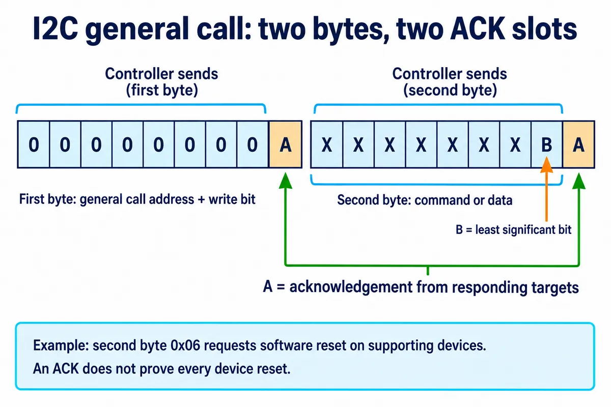 Two bytes on the I2C bus: eight zeros for the general-call address and write bit, then a command byte, each followed by an acknowledgement slot marked A
