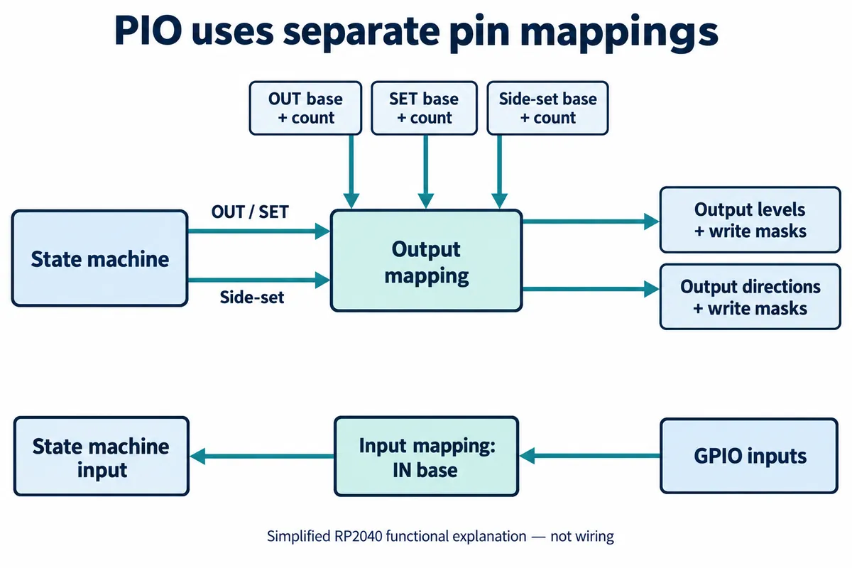 English explanatory redraw: a PIO state machine's OUT, SET and side-set operations each go through their own base and count into the output mapping, while GPIO inputs reach the state machine through a separate IN base mapping