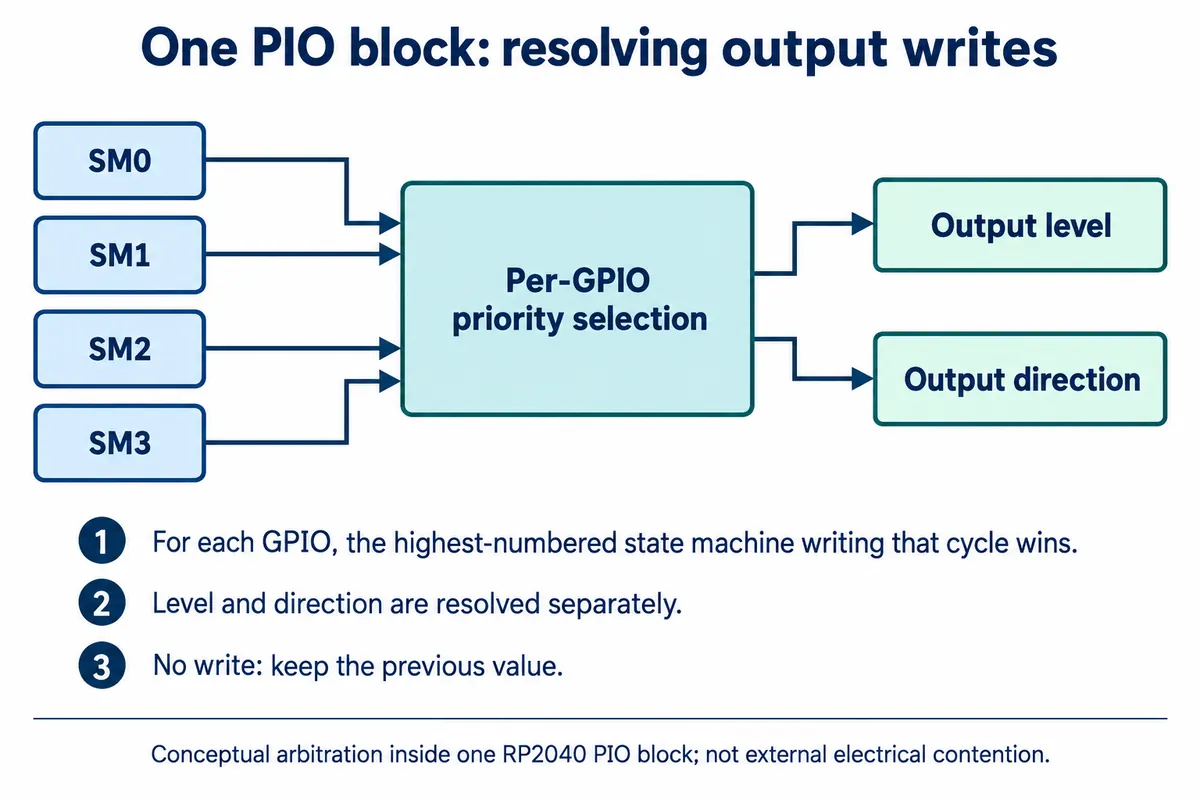 English explanatory redraw: four state machines SM0 to SM3 feeding a per-GPIO priority selection that sets output level and direction, where the highest-numbered writer wins