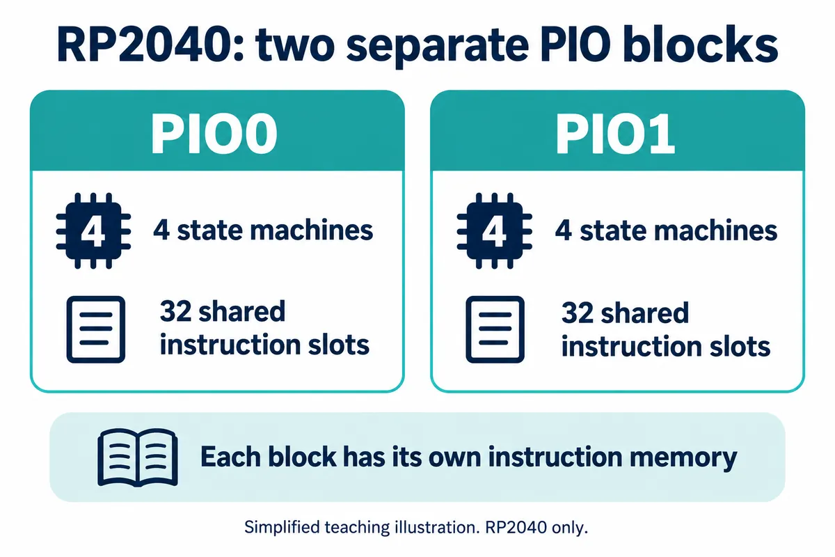 Two boxes labeled PIO0 and PIO1, each with 4 state machines and 32 shared instruction slots