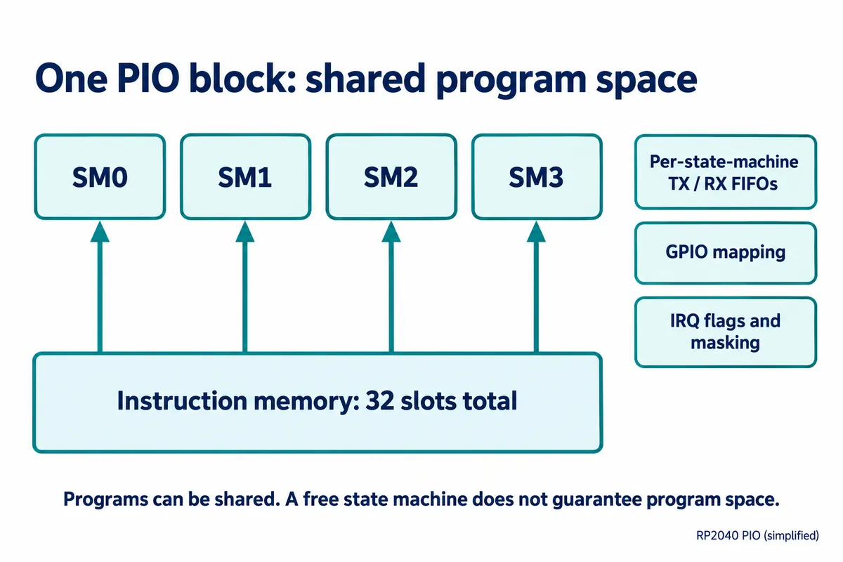 Four state machines SM0 to SM3 all reading from one instruction memory of 32 slots, with per-state-machine FIFOs, GPIO mapping and IRQ flags shown alongside