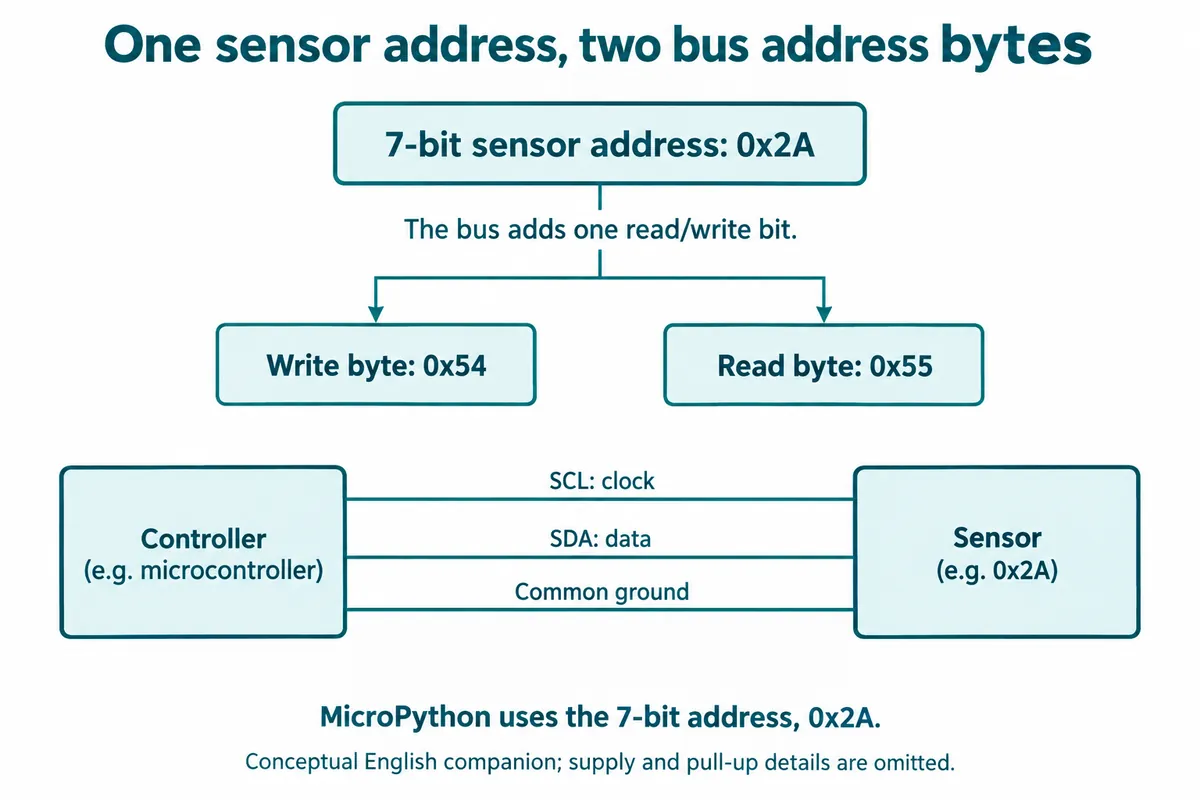 Diagram: seven-bit sensor address 0x2A becomes write byte 0x54 and read byte 0x55 on a controller-to-sensor SCL, SDA and ground link