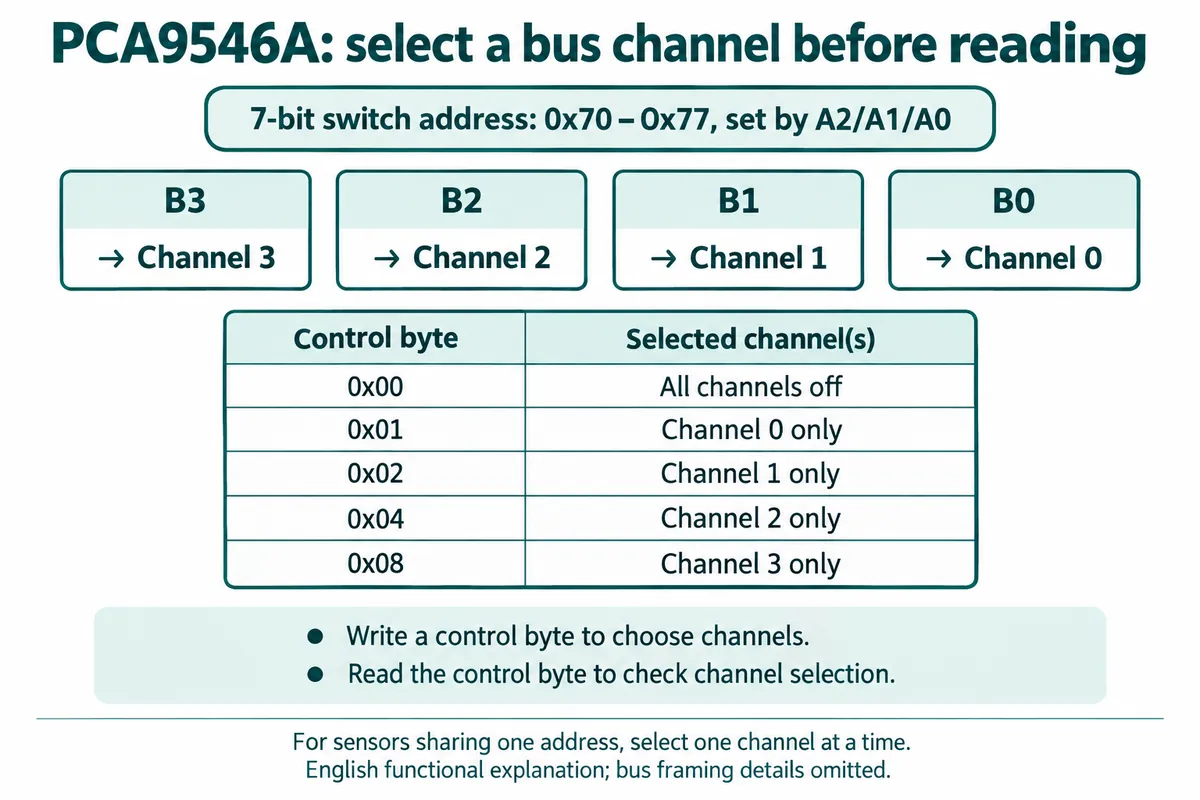 Table: PCA9546A switch at 0x70 to 0x77; control byte 0x00 turns all channels off, 0x01, 0x02, 0x04 and 0x08 select channels 0 to 3