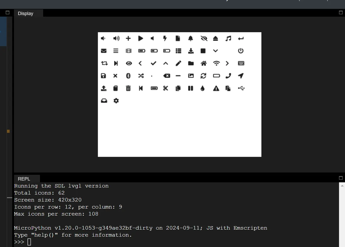 LVGL simulator window showing a grid of 62 built-in symbols above a console reporting total icons, screen size and MicroPython build