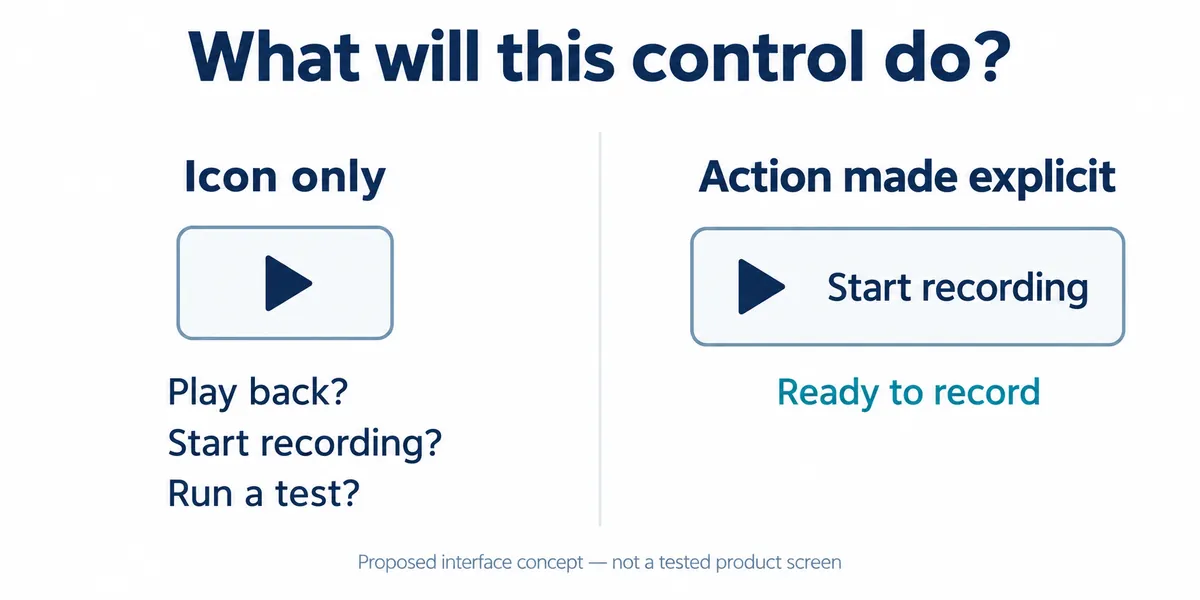 English explanatory illustration: an icon-only play button with the questions play back, start recording or run a test, next to the same icon labeled Start recording with the status Ready to record