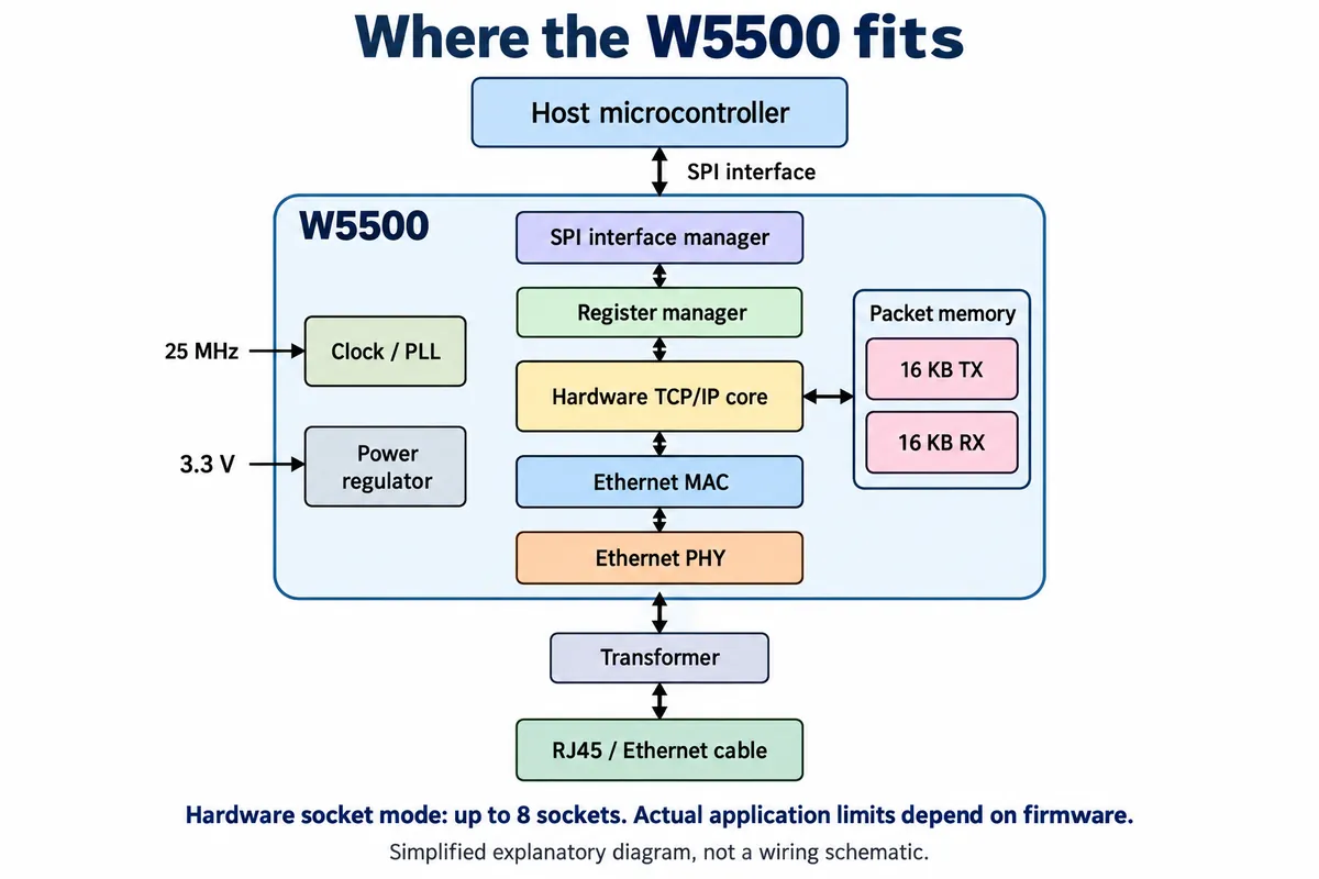 English explanatory redraw: block diagram of a host microcontroller connected over SPI to the W5500, with its hardware TCP/IP core, 16 KB TX and RX packet memory, MAC, PHY, transformer and RJ45