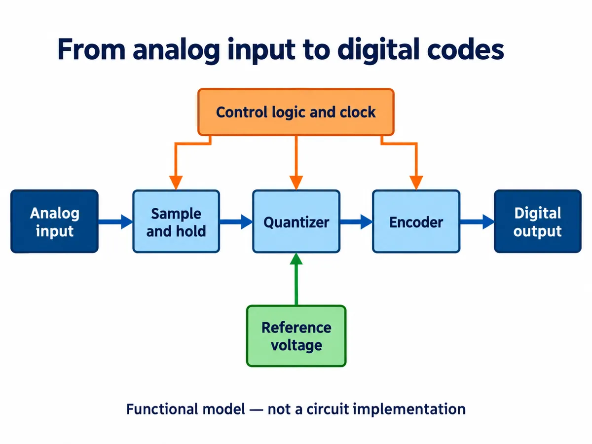 English explanatory redraw: analog input passes through sample and hold, quantizer and encoder to a digital output, with control logic and clock above and a reference voltage feeding the quantizer