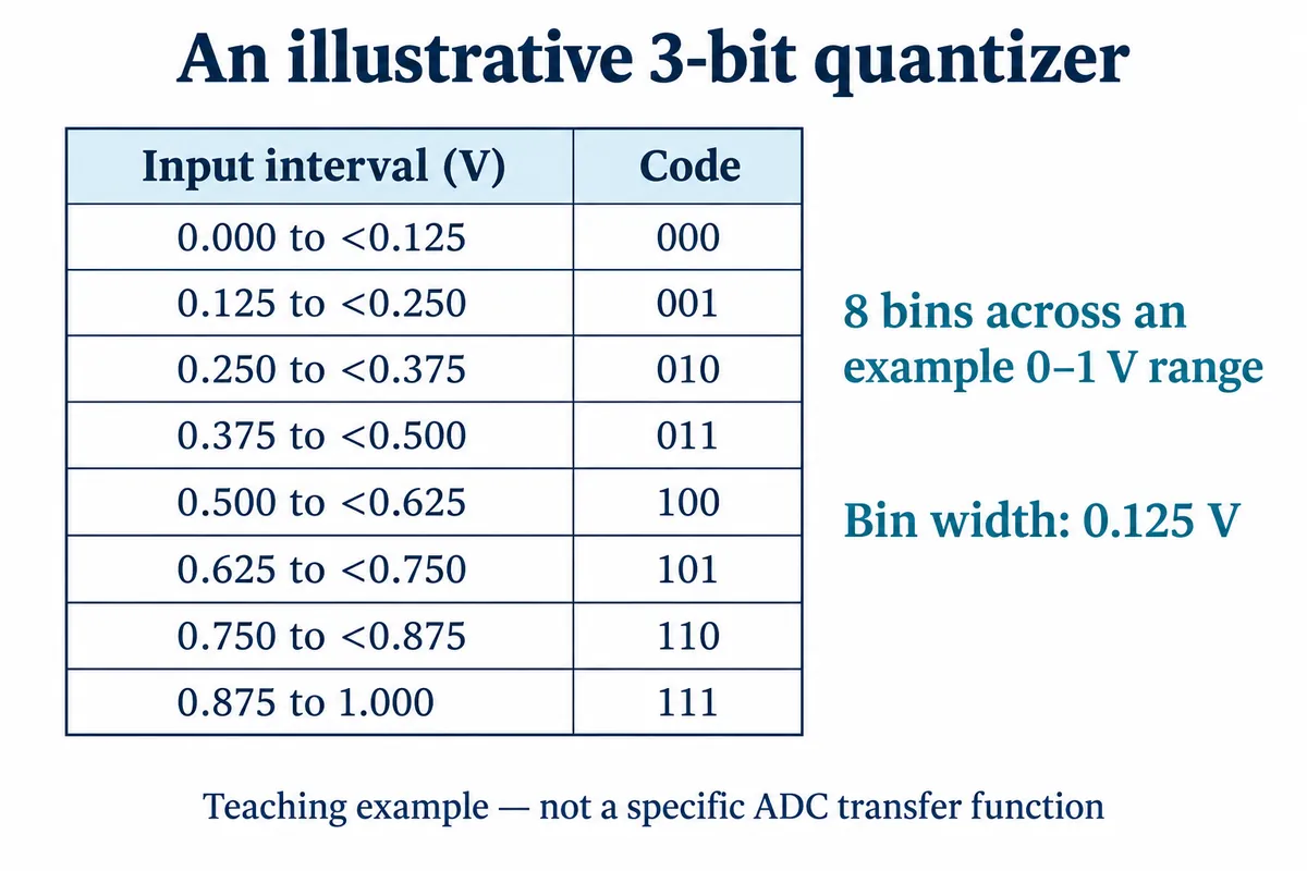 English explanatory redraw: a table mapping eight 0.125 V input intervals from 0 to 1 V onto three-bit codes 000 to 111