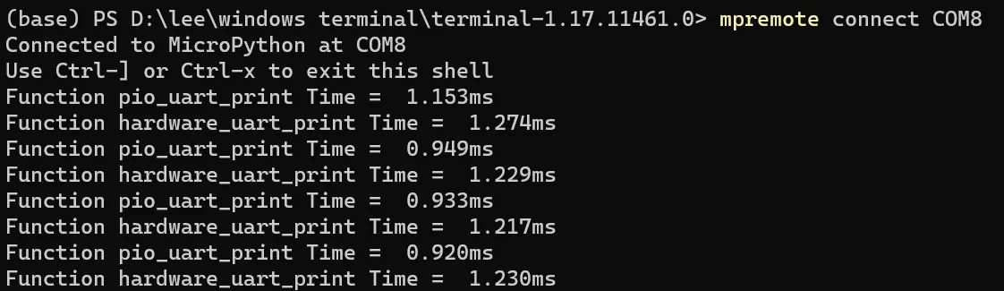 Console lines alternating pio_uart_print around 0.92 to 1.15 ms and hardware_uart_print around 1.22 to 1.27 ms