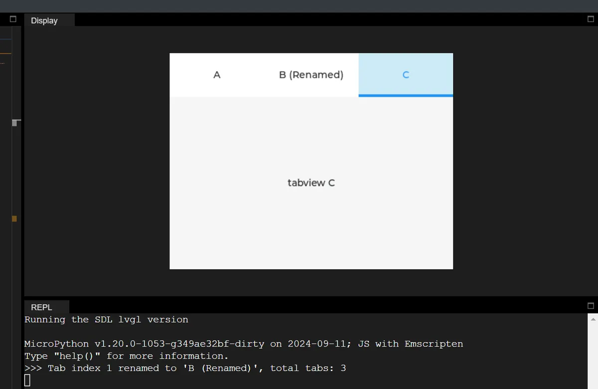 LVGL simulator showing tabs A, B (Renamed) and C, with C selected, and a console line reporting tab index 1 renamed and total tabs 3