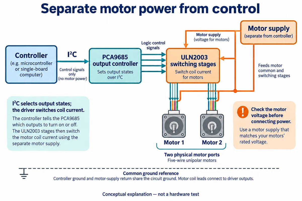 Block diagram: controller to PCA9685 over I2C, PCA9685 to ULN2003 switching stages, separate motor supply, two motor ports
