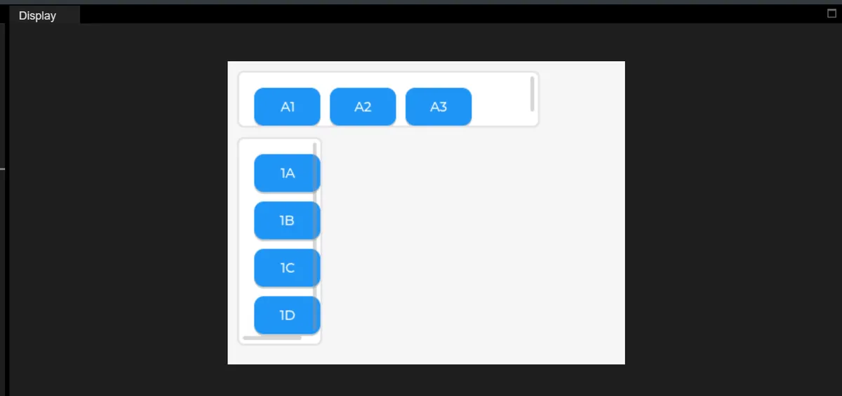 LVGL simulator showing a row of three buttons and a column of four buttons, each container with visible scrollbars