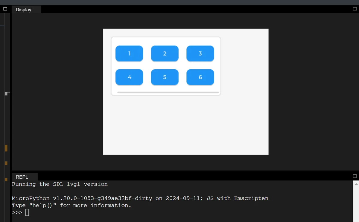 LVGL simulator showing six numbered buttons in a two-row grid with a horizontal scrollbar under them