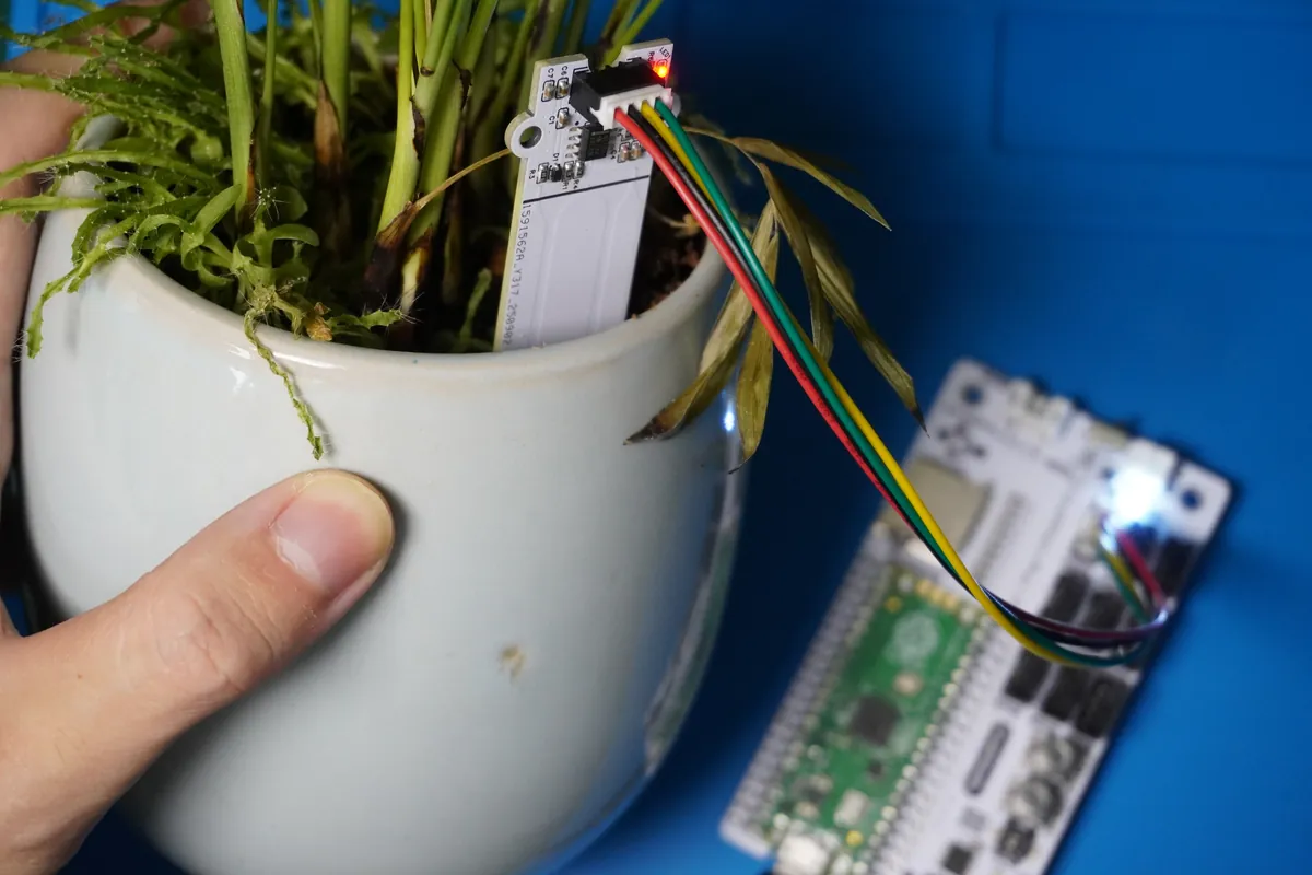 Capacitive soil probe pushed into a potted plant, wired to a controller board lying beside the pot