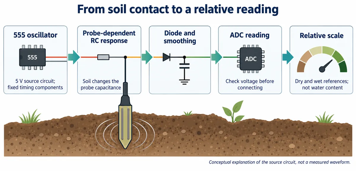 Signal chain: 555 oscillator, probe-dependent RC response in the soil, diode and smoothing, ADC reading, and a relative scale between dry and wet references